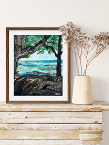 Painting of the ocean seen through the branches of a tree