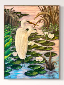 Painting of White Heron in the water with lily pads