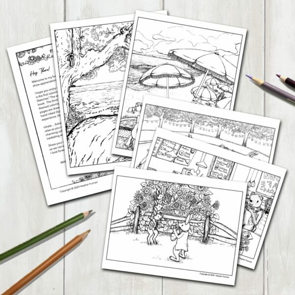 Example of 5 free coloring pages download. Beach umbrellas, sunflower field, coffee shop, ice skating animals, and beach scene.