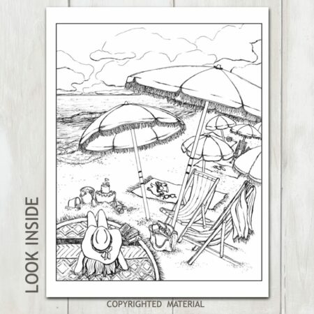 Look Inside example coloring page of beach umbrellas in a row on the beach