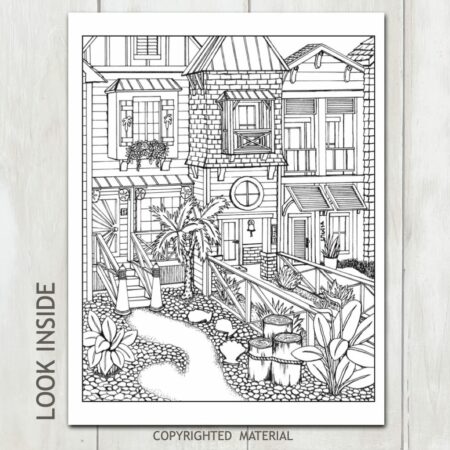 Look Inside example coloring page of beach cottages