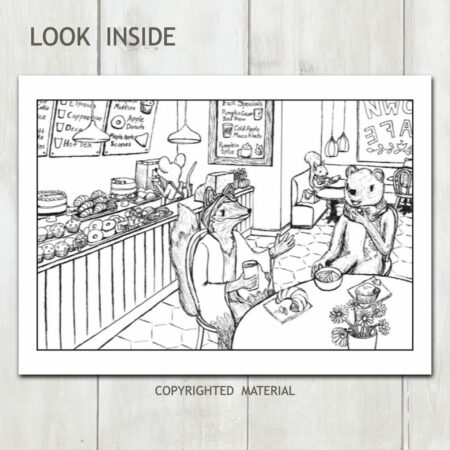 Look inside example coloring page of woodland animals in a coffee shop