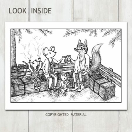 Look inside example coloring book page of woodland animals on a hayride